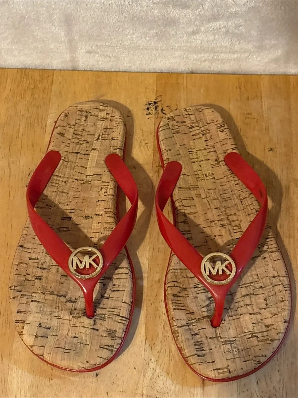 Michael Kors Red Cork-Print Flip Flop Sandals with Gold MK Logo